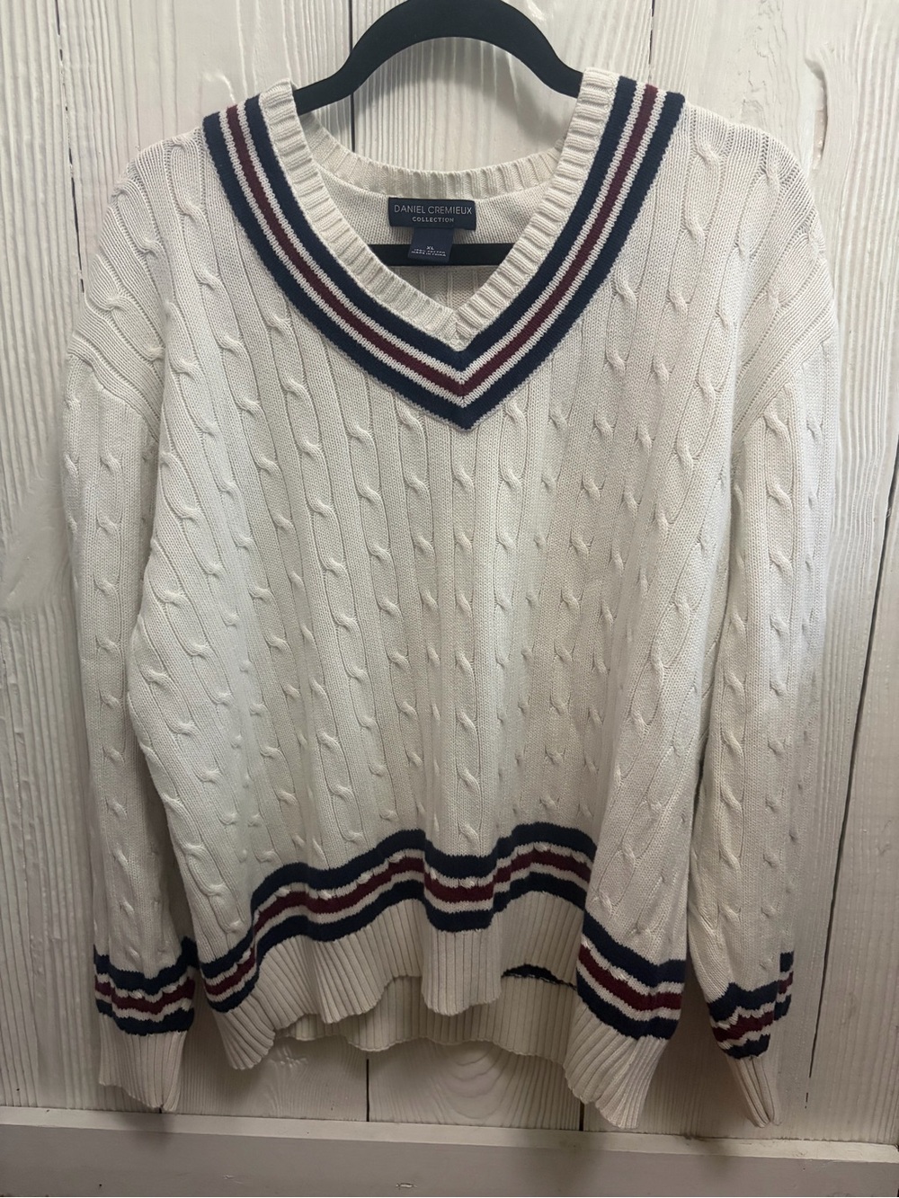 Daniel Cremieux Cream V-Neck Cable Knit Sweater with Navy and Burgundy Trim